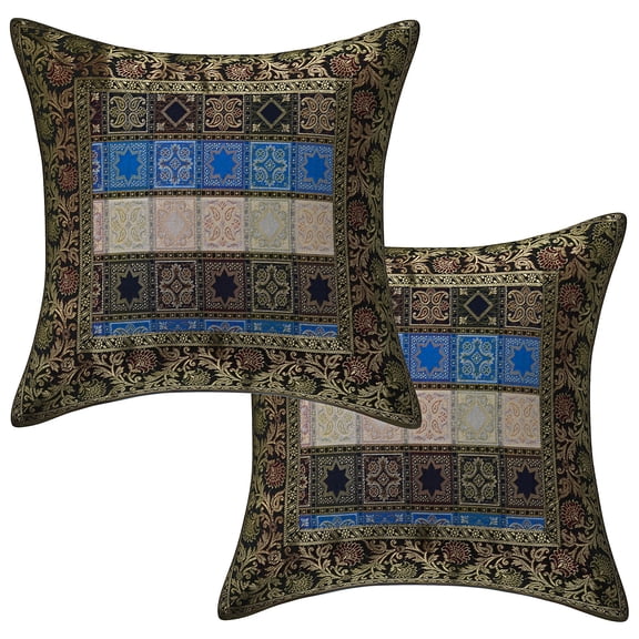 Stylo Culture Indian Couch Throw Pillow Covers 16 x 16 Jacquard Black Traditional 40cm x 40cm Home Decor Brocade Floral Zippered Square Cushion Covers | Set Of 2