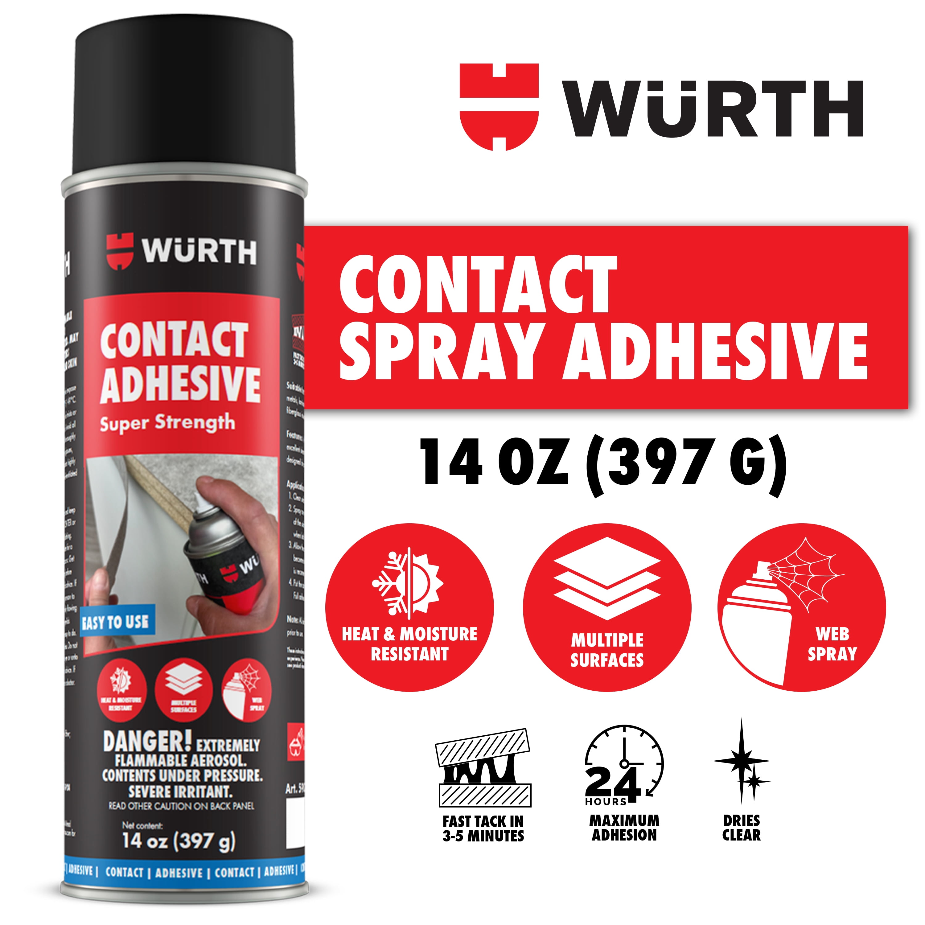Würth  Super Strength Spray Adhesive, Multi-Surface, 14oz, Clear, Fast-Tack, Contact Glue