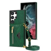 ELEHOLD Crossbody Leather Wallet Case for Samsung Galaxy S24 Ultra Credit Card Slots Zipper Pocket Kickstand Function Shockproof Purse Case with Adjustable Shoulder Strap for Samsung S24 Ultra,Green