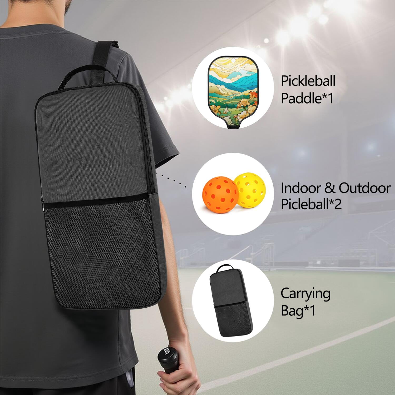 Pickleball Paddles Set Of 1, Fiberglass Surface, Vintage Floral Print, 1 Paddle, 2 Balls & Bag