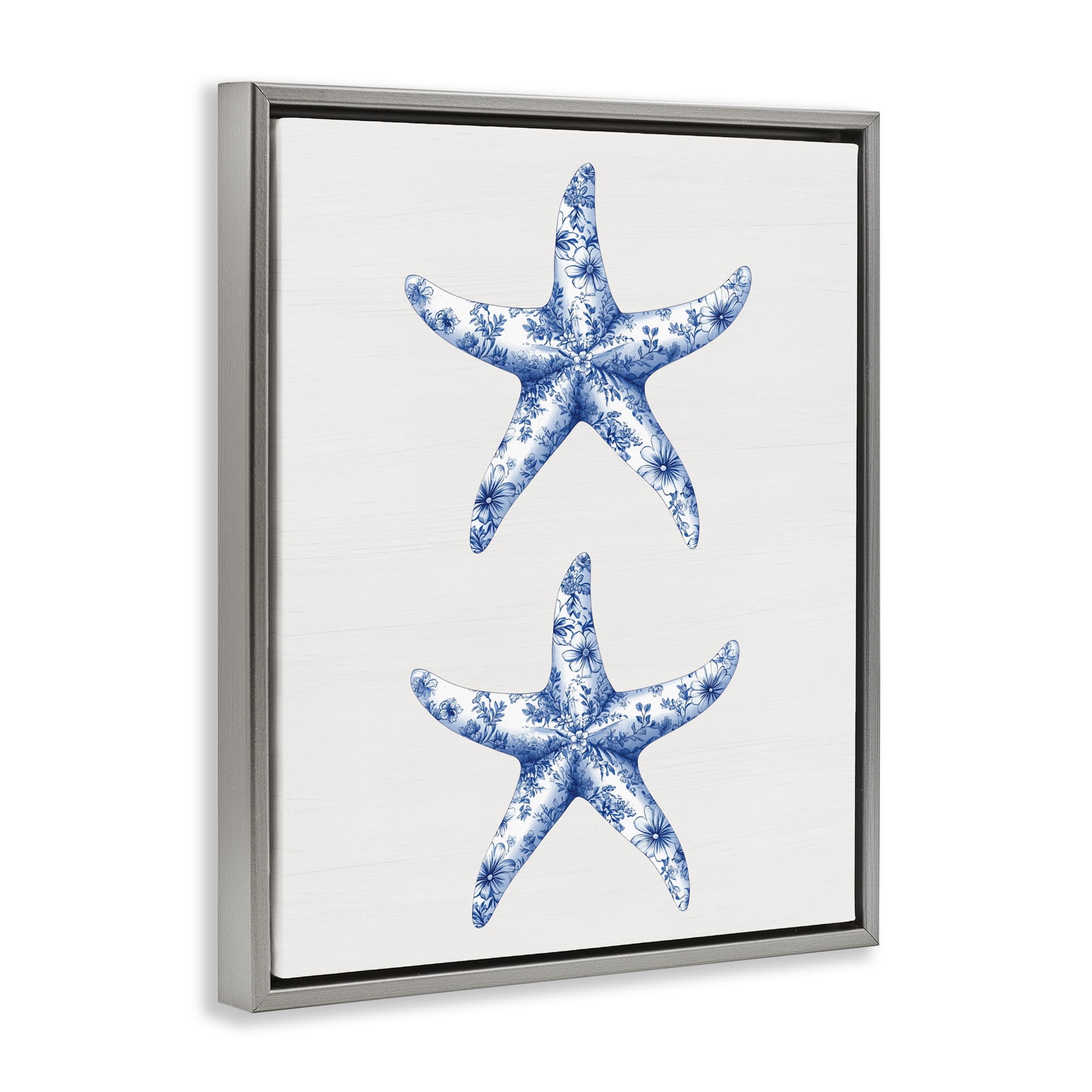 Vintage Toile Starfish Gray Framed Floater Canvas Wall Art, design by Lettered and Lined