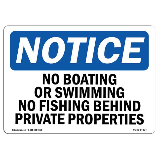 SignMission OS-NS-P-1014-L-14394 OSHA Notice Sign - No Boating or Swimming No Fishing Behind