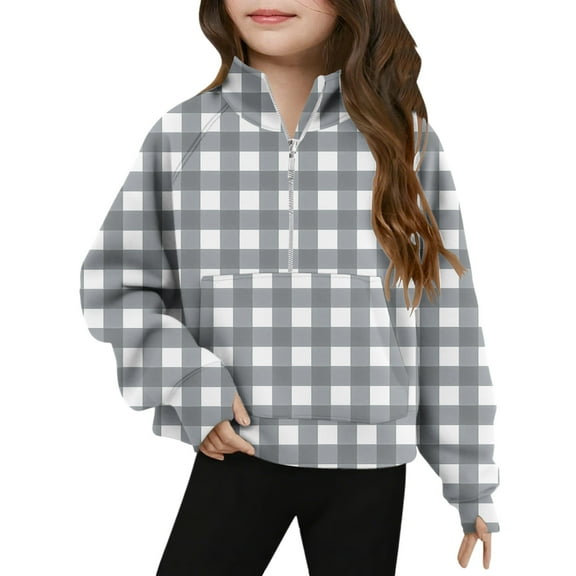 CLOISE Gray Crewneck Sweatshirt Boys Girls Youth Long Sleeve Collared Zip up Tops Plaid with Thumb Hole Outfits Fall Winter Clothes 7T