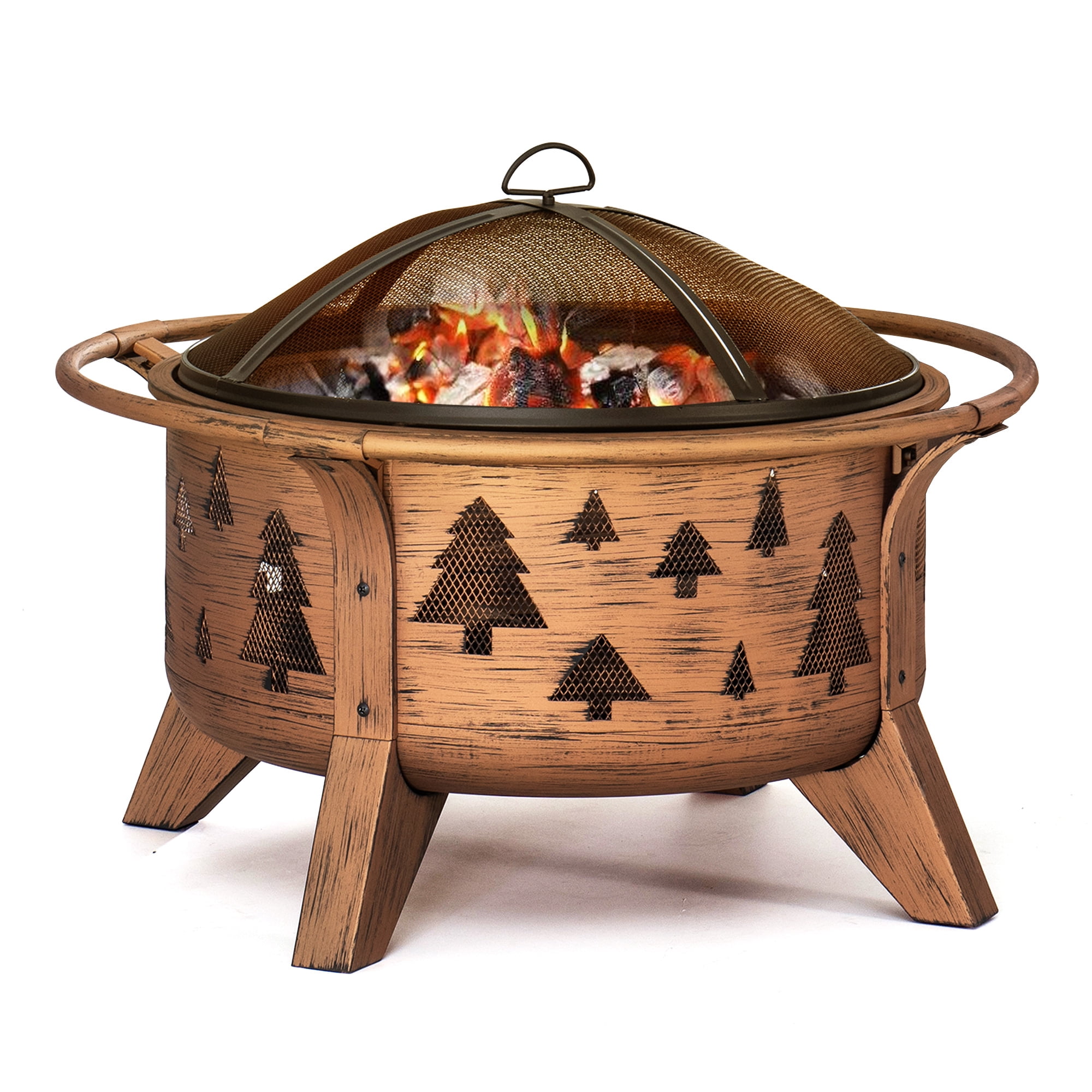 SUNJOY Fire Pit 30 Inch Outdoor Wood-Burning Portable Fire Pit, Patio Tree Motif Round Steel Firepit Large Fire Pits for Outside with Spark Screen and Poker