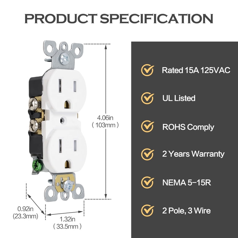 10-Pack Black Tamper Resistant Outlets - 15A 125V, 5-15R, Self-Grounding, UL Listed