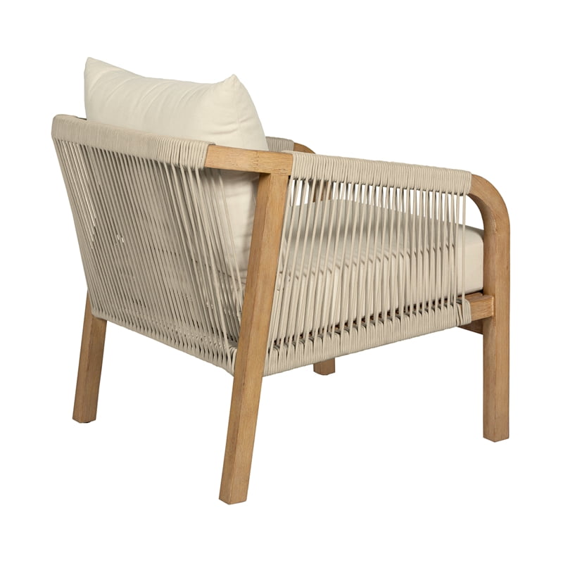 Cypress Outdoor Patio Chair in Eucalyptus Wood and Gray Rope with Ivory Cushions