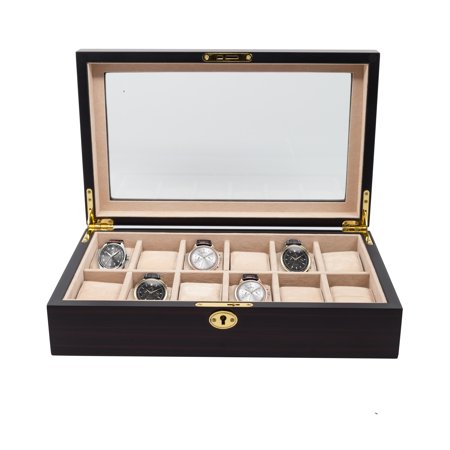 Wood Watch Case Storage Box - 12 Piece Ebony Walnut Wood Men's Watch Box Display Case Collection Jewelry Box Storage Glass Top