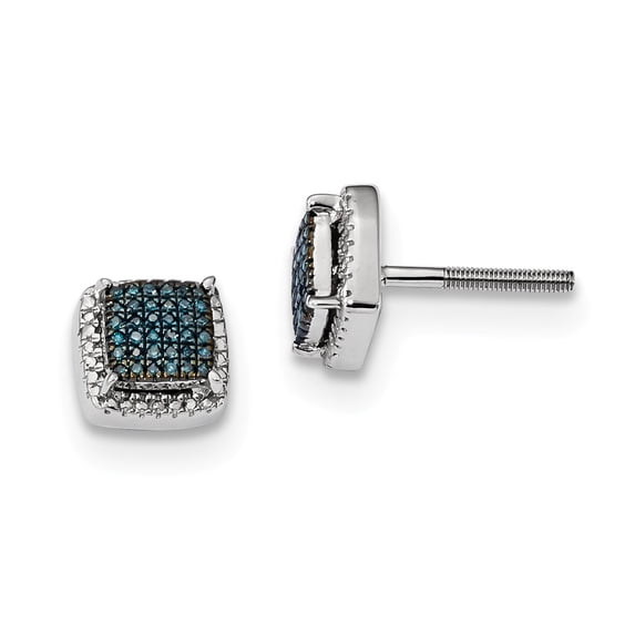 Sterling Silver Rhod Plated Blue and White Dia Square Screwback Earrings