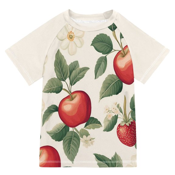 FORMRS Boys Rash Guard with Short Sleeves UPF 50 Swim Shirts Sizes 3-12T, Apples Flower Pattern