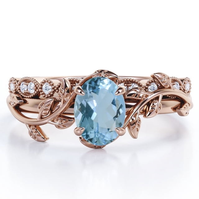 Anillo de Novia JeenMata con Diseño de Hojas Estilo Art Deco Aguamarina Azul 1,5 Quilates Chapado en Oro Rosa de 18 K sobre Plata