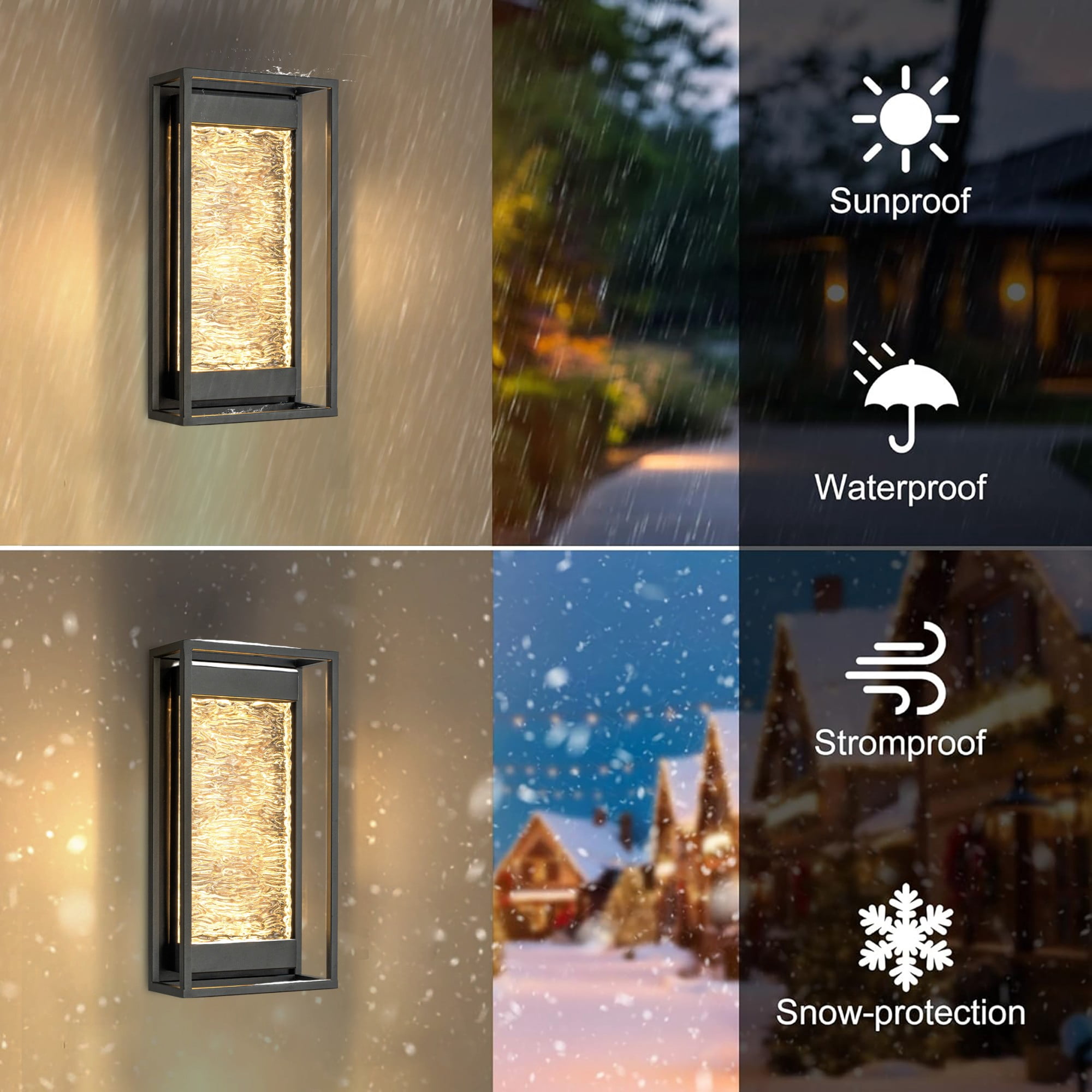 H15" Modern Outdoor Integrated LED Wall Light with Dusk to Dawn Sensor Matte Black Exterior Light Fixture with Handcrafted Textured Glass Wall Lantern for Porch Garage Entryway