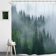 Forest Shower Curtain 71Wx71H Foggy Mountain Pine Tree Woodsy Cloudy Masculine Landscape Green Nature Bathroom Waterproof Polyester Fabric