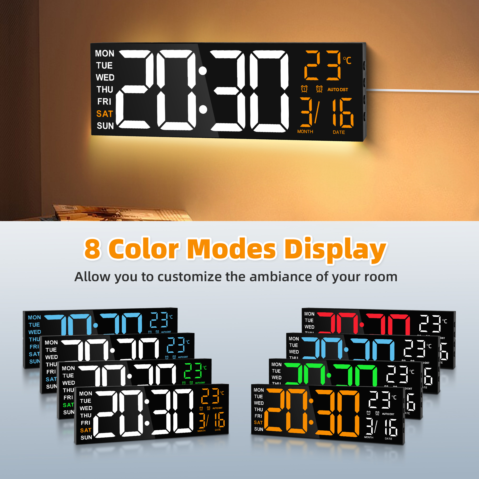 TOYOOSKY 16" Large Digital Wall Clock with 8 RGB Led Display & Remote Control