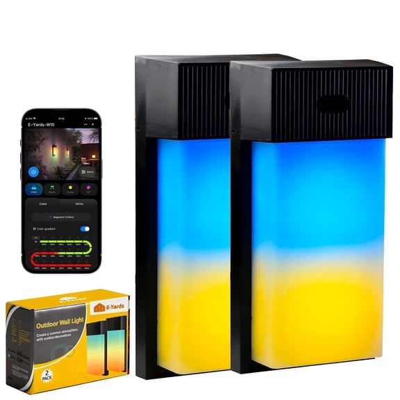 E-Yards Outdoor APP Wall Light, 1500LM Smart RGBIC Porch Lights Outdoor with Multiple Scene Modes, IP65 Waterproof for Outdoor Decor, DIY, 2 Pack