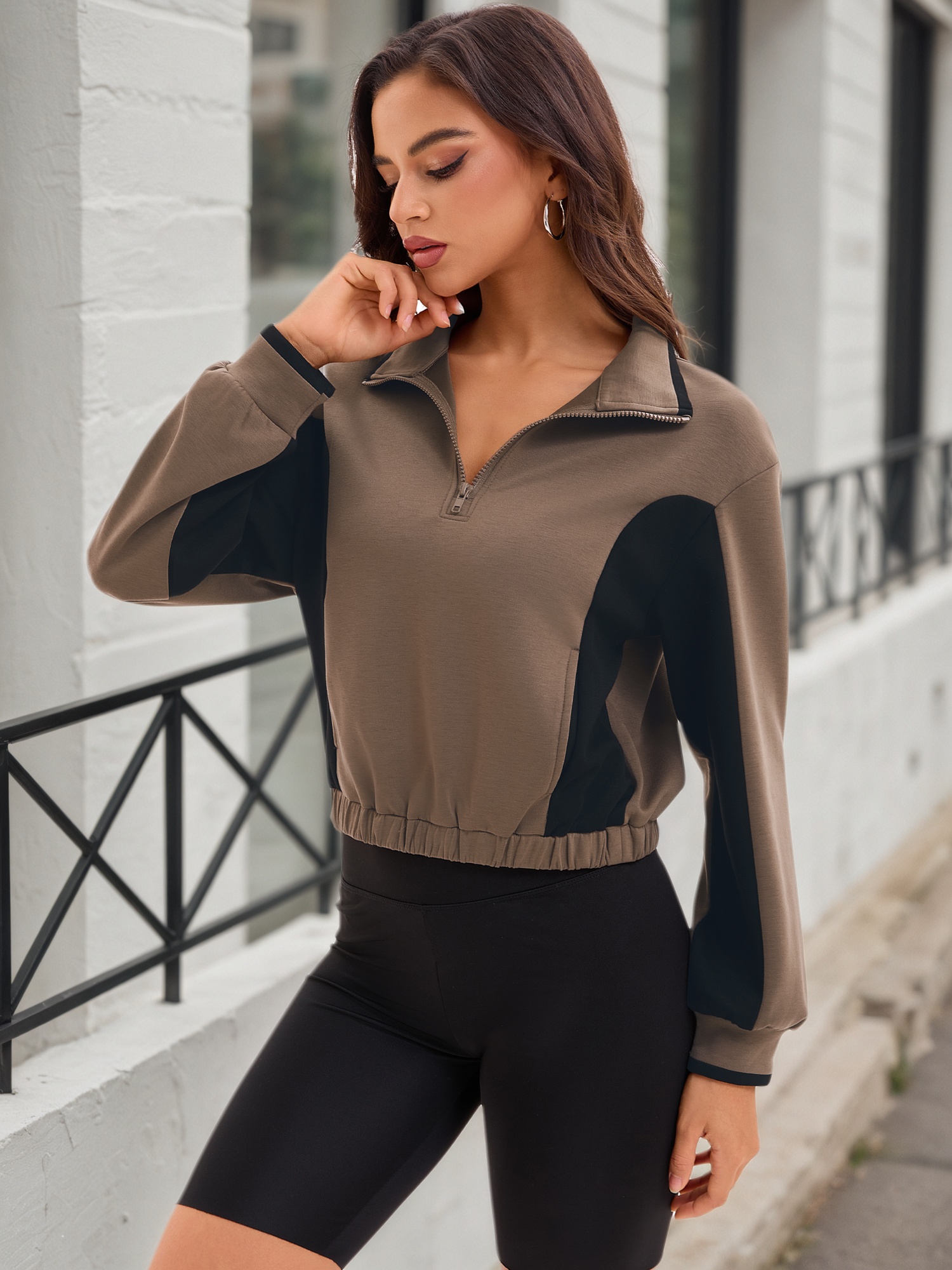DARING DIVA Women's Quarter Zip Pullover Cropped Sweatshirt XL Brown Black