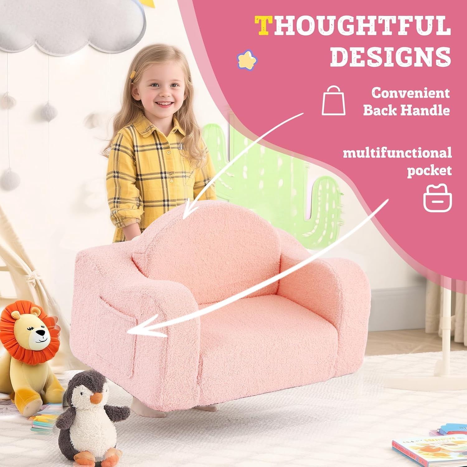 Kids Sofa 2-in-1 Soft  Toddler Chair Convertible Lounger with Side Pockets