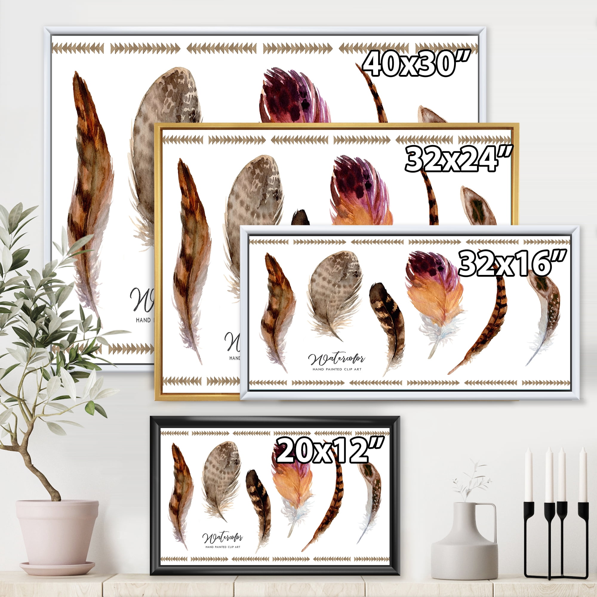 Designart 'Exotic Vibrant Boho Watercolor Feathers' Bohemian & Eclectic Framed Canvas Wall Art Print
