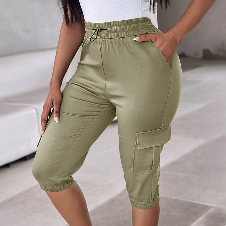 Cargo Shorts Women High Waisted Knee Length Shorts with Pockets Solid Color Drawstring Elastic Waist Jogger Shorts Style 9878 Green Walmart