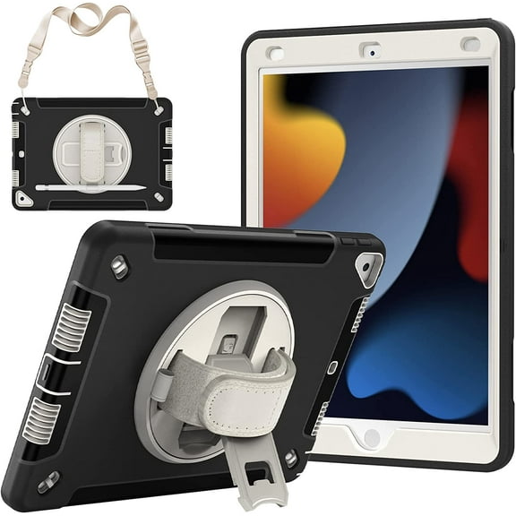 Case for iPad 10.2 Inch 7th / 8th / 9th Gen (2021/2020/2019) Protective, Dual Layer Full Body Tough Rugged Case with 360° Rotatable Kickstand, Hand/Shoulder Strap