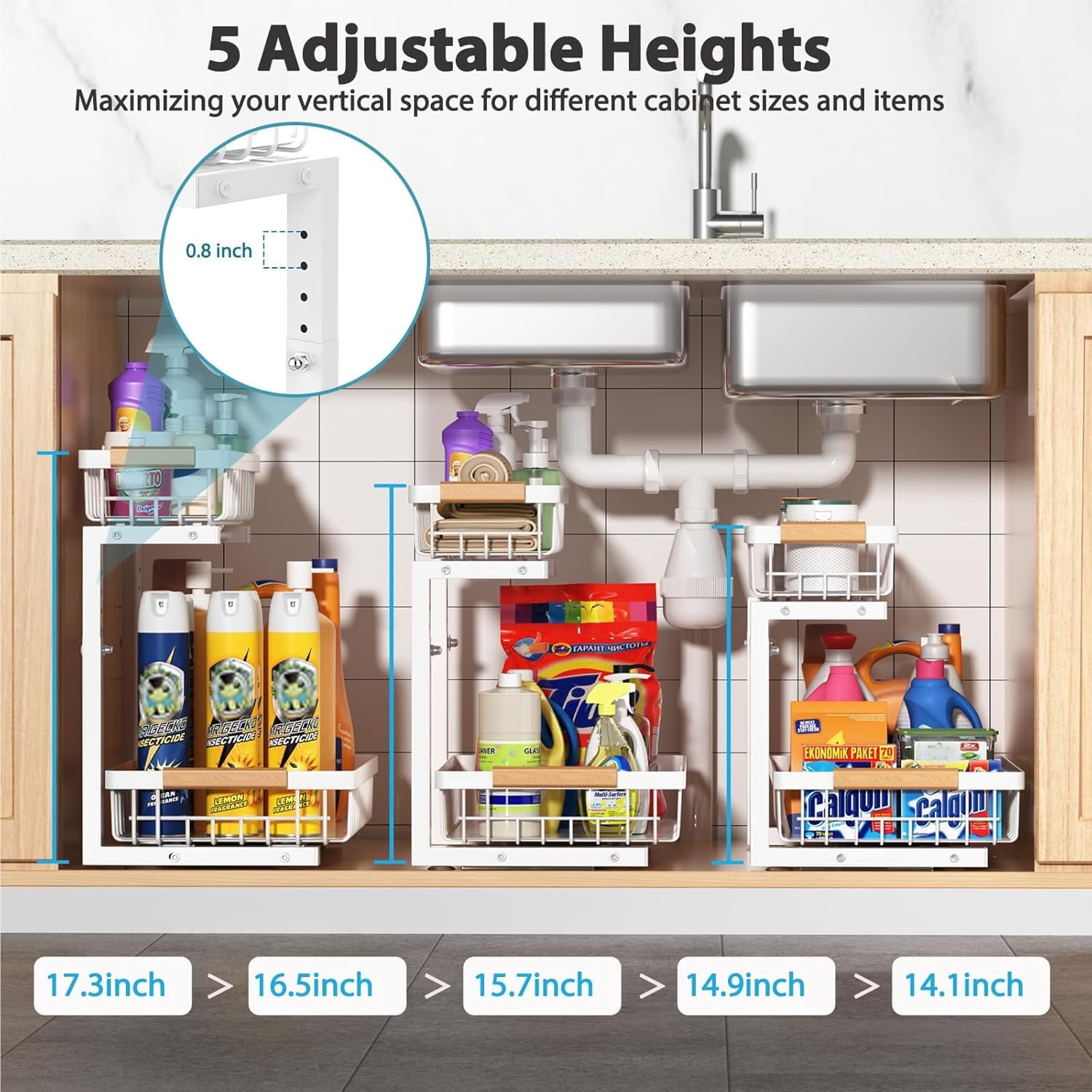 Under Sink Organizer 2 Pack, 2 Tier Slide Out Large Capacity Height Adjustable Under Sink Organizers and Storage for Kitchen Bathroom Cabinet, White