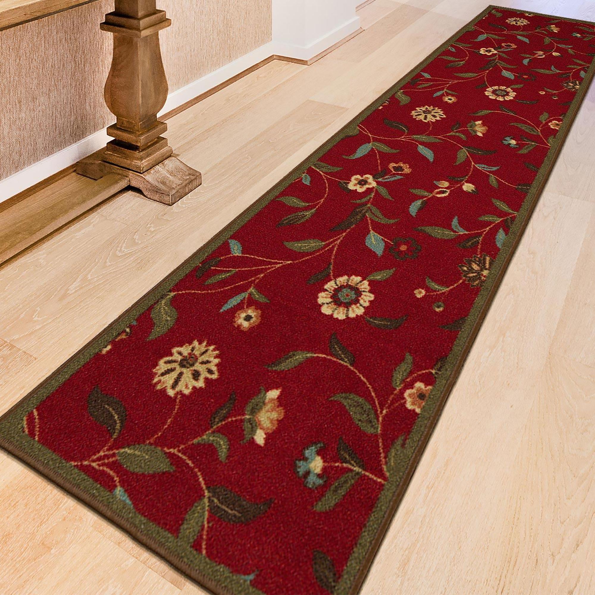 Ottomanson Floral Kitchen Runner Rug 1'10" x 6' - Non Slip Low Pile Carpet, Red