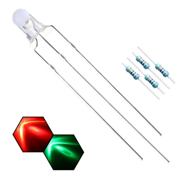 EDGELEC 100pcs 3mm Red & Green Lights Bi-Color LED Diodes Common Anode Clear Round Lens +200pcs Resistors (for DC 6-12V) Included, Bright Bulb Lamps Light Emitting Diode