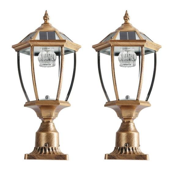20" Solar Wall Light Outdoor Lantern, Vintage Gold LED Exterior Lighting Fixture with Elegant Glass, Outdoor Wall Light for Pathways, Patios, Yards (2-Pack)