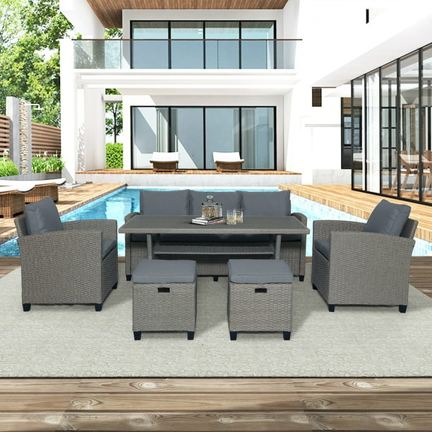 6 Piece Outdoor Wicker Sets, Rattan Wicker Patio Furniture with 3Seat