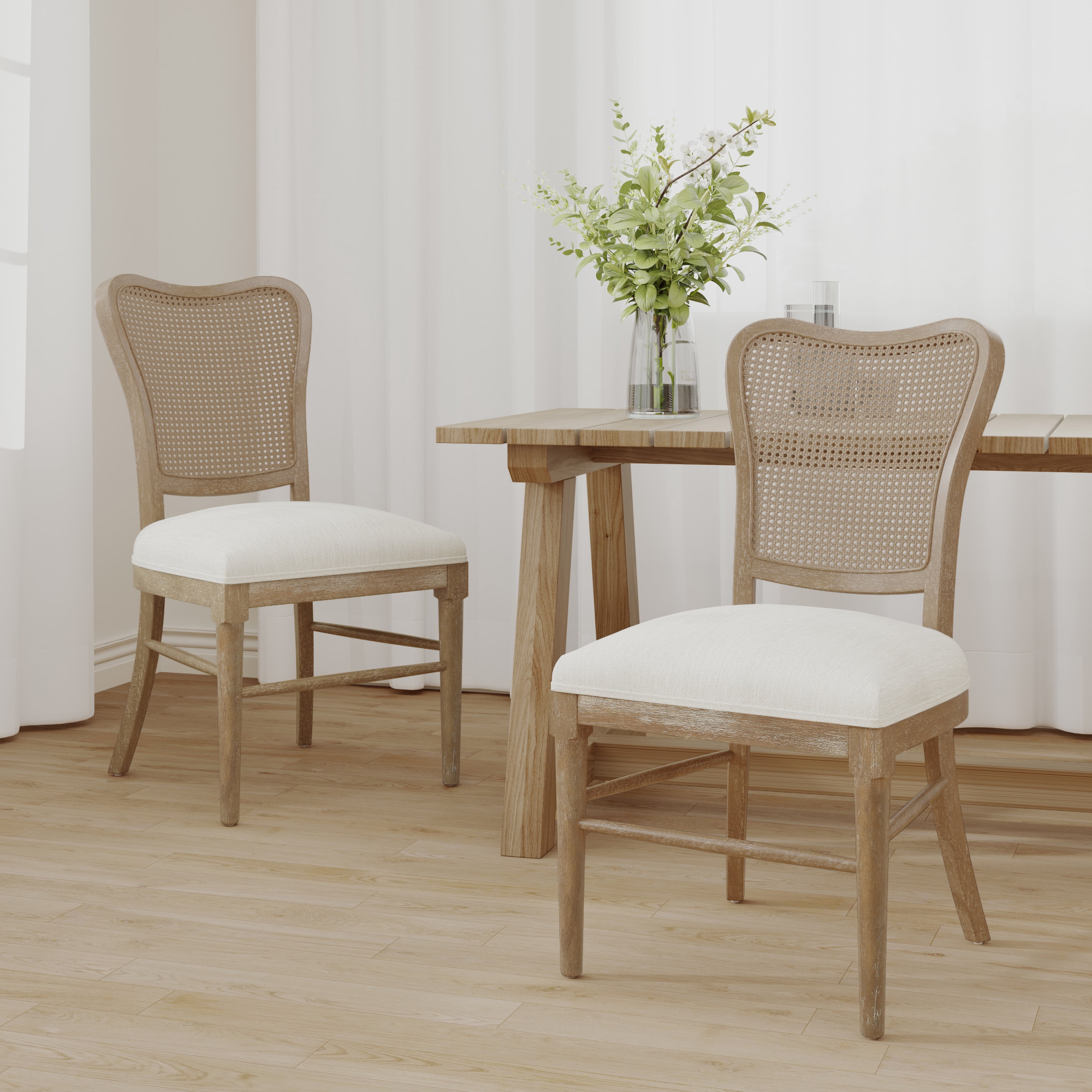 GDF Studio Vintage-Inspired Dining Chair with Cane Backrest, Upholstered Seat, and Durable Rubberwood Frame, Set of 2