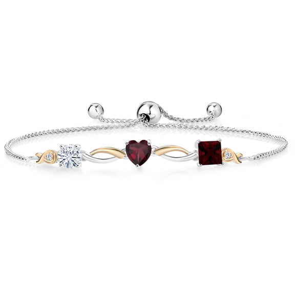 Gem Stone King 925 Silver and 10K Yellow Gold Moissanite Red Rhodolite Garnet Red Garnet and Lab Grown Diamond Tennis Bracelet for Women By Keren Hanan (2.14 cttw, Adjustable up To 9 inch)