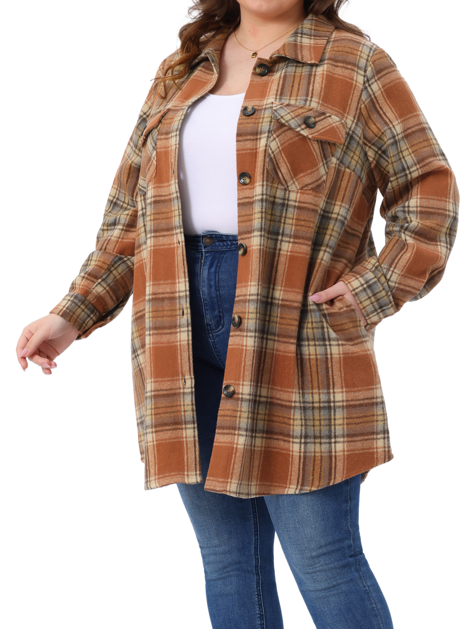 DARING DIVA Plus Size Plaid Shacket Long Sleeve Flannel Fashion Jacket 3X Orange