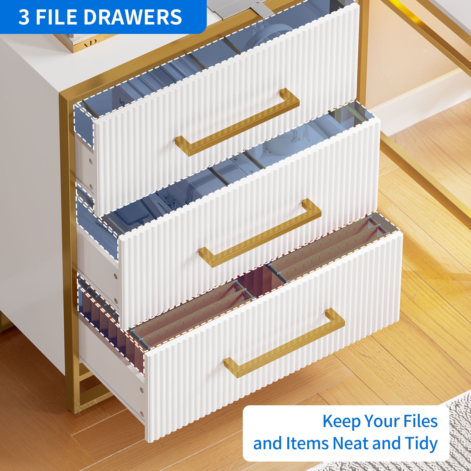Dextrus 3 Drawer File Cabinet, Dressers & Chests for Bedroom, Large Lateral Filing Cabinet for Home Office, White