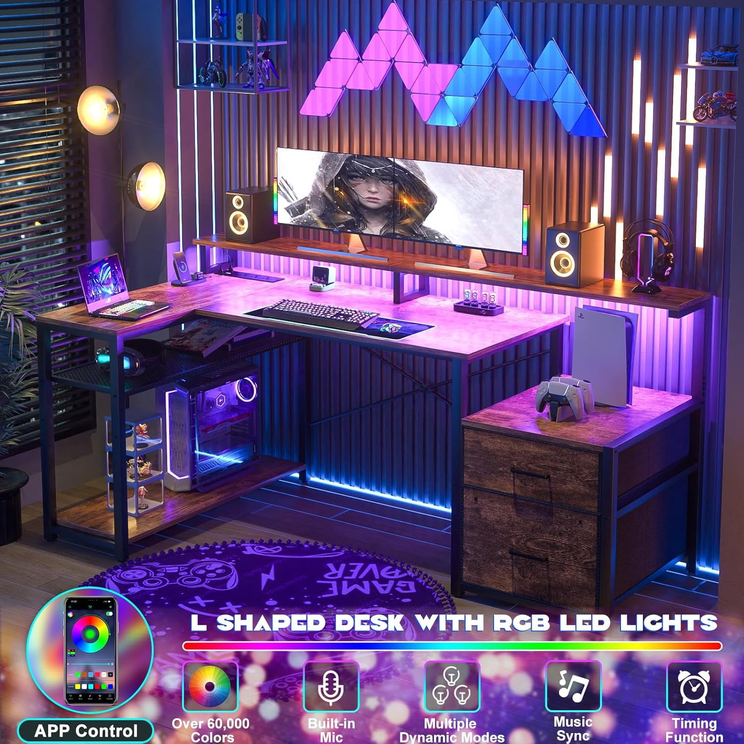 Homieasy L Shaped Desk with Drawer, Reversible L Shaped Gaming Desk with Power Outlet & LED Strip, Home Office Desk with Monitor Shelf, Corner Desk with Storage Shelves,Rustic Brown