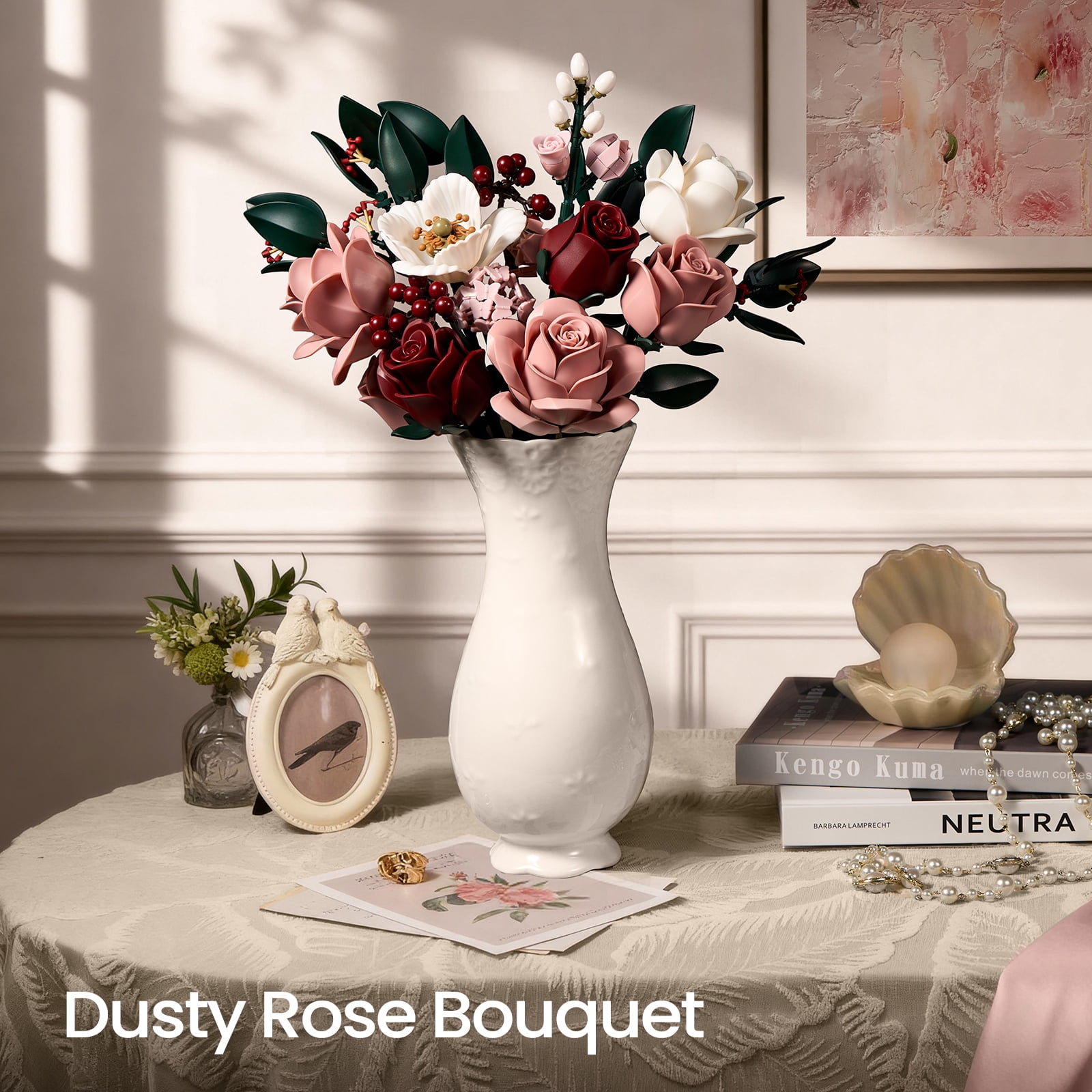 Pink Roses Flower Bouquet Building Set, Artificial Flowers Botanical Collection Kit for Adults Women & Men - Gift for Christmas, Home Room Office Shelf Centerpieces Decor