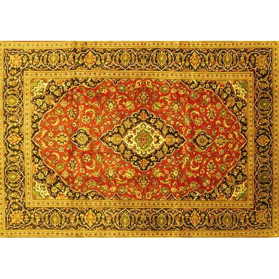 Ahgly Company Machine Washable Indoor Rectangle Medallion Yellow Traditional Area Rugs, 6' x 9'