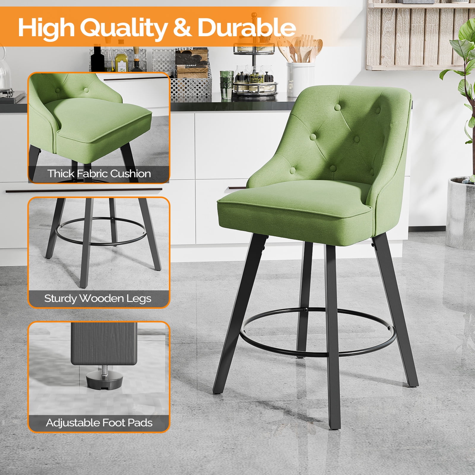 Zimtown Modern Swivel Barstools with Back, 26" Counter Height Bar Stools Kitchen Island Dining Chairs Set of 2, Forest Green