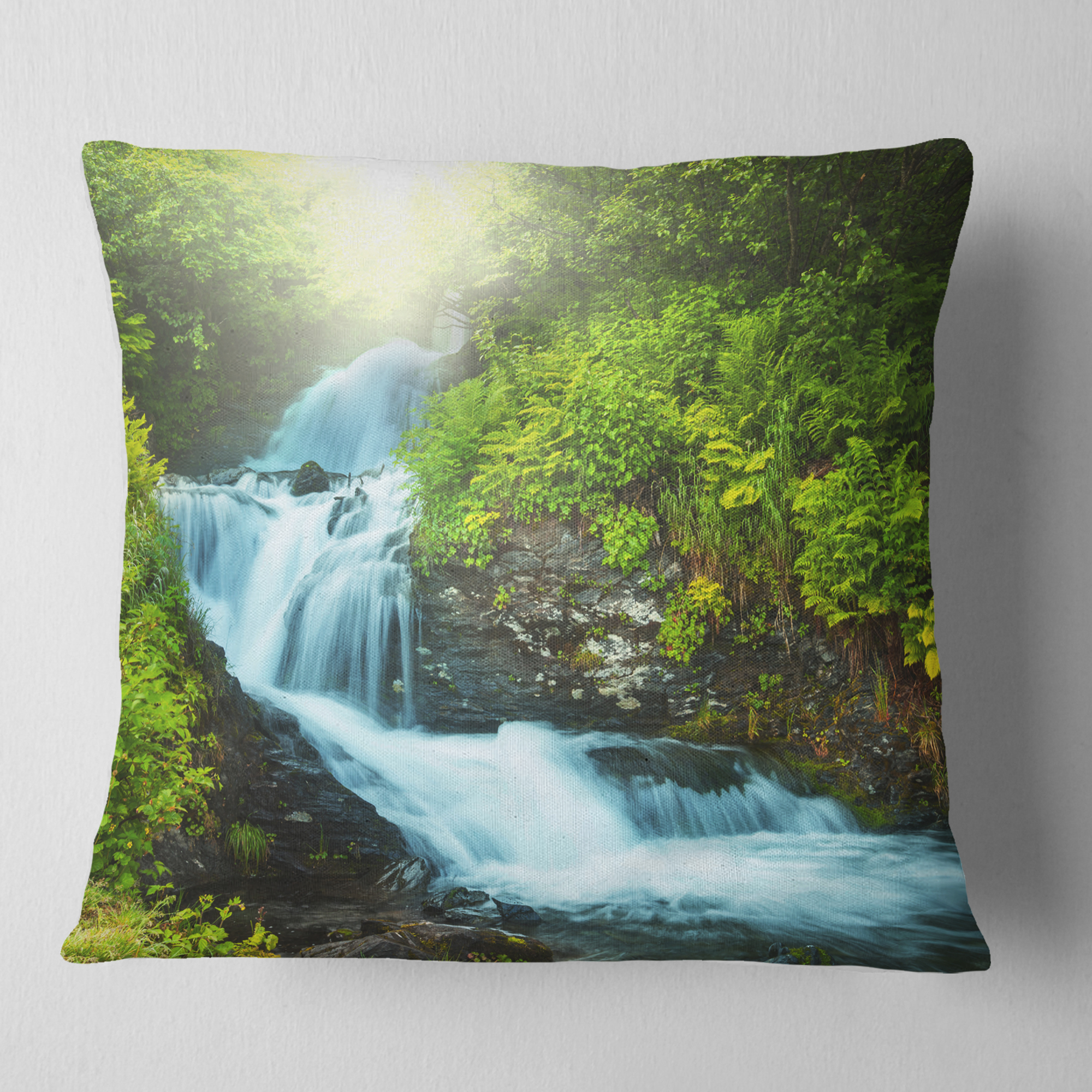 Designart Wonderful Creek in Green Forest - Landscape Printed Throw Pillow - 18x18