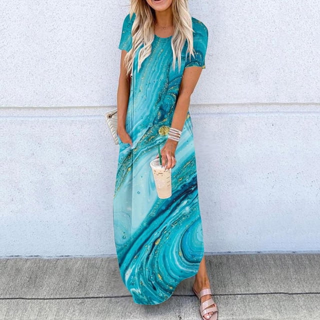 Baikeli Liquidation Robes pour Femmes Robes pour Femmes Été Décontracté Col Rond Manches Courtes Poches Imprimé Robe Longue Robe de Fête d'Été