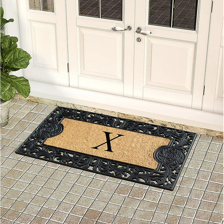 A1HC Floral Border Rubber and Coir Large Outdoor Durable Monogrammed X  Doormat, 23X38, Black 