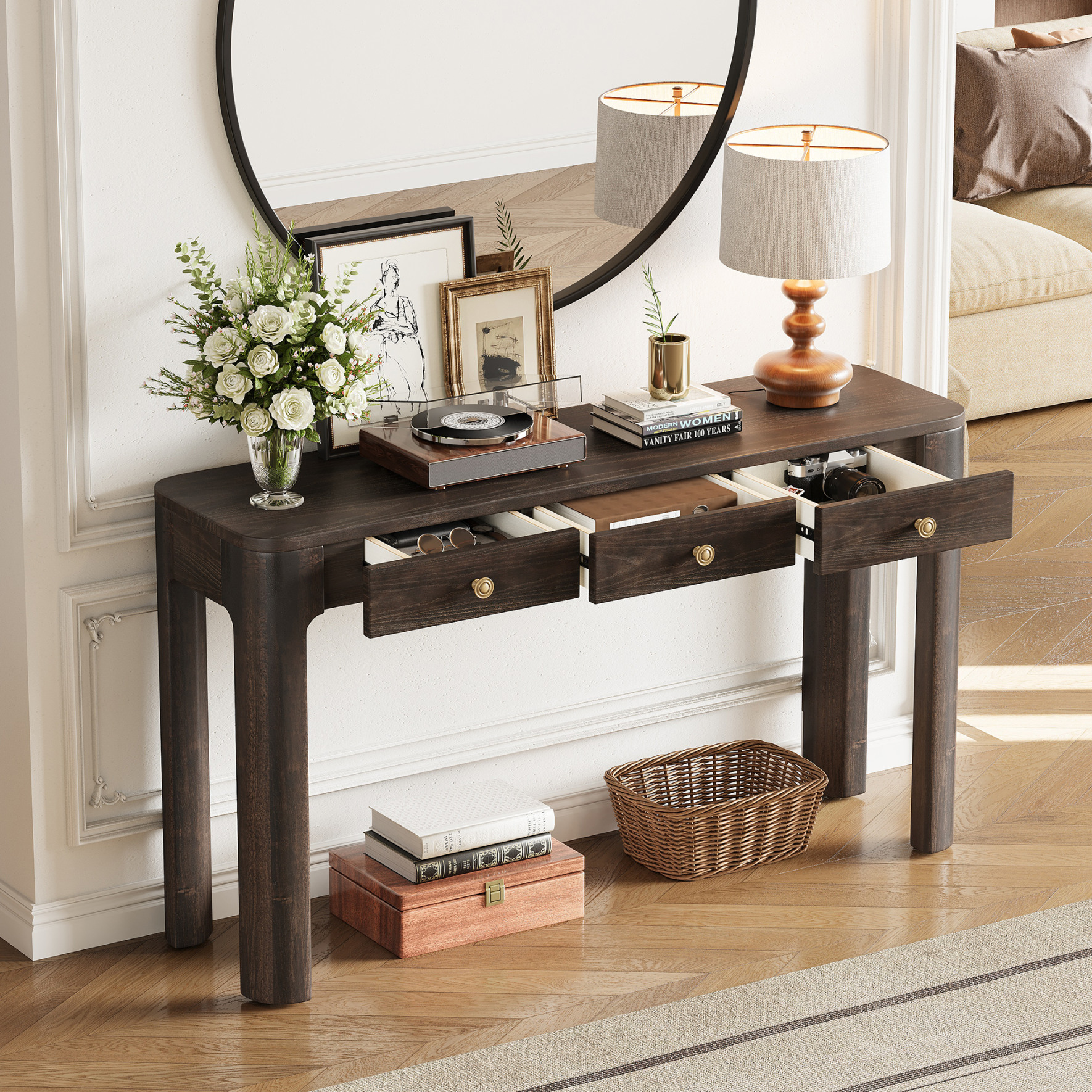 52'' Rustic Curved Console Table, Entryway Table with 3 Concealed Drawers, Sturdy Sofa Table with Thick Legs for Hallway & Living Room, Espresso