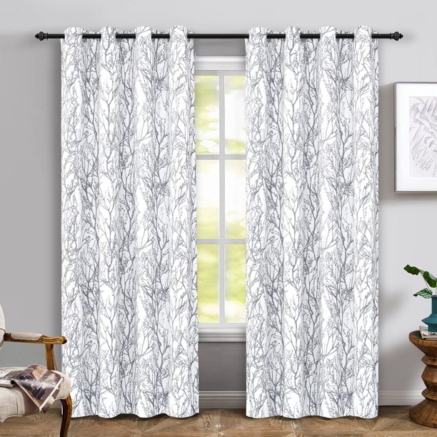 Cortinas DriftAway con forma de rama de árbol, 229 cm, gris y blanco, 2 paneles