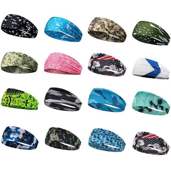 Sports Headbands 16 Pack Men's Multicolor Stretchy Non Slip Moisture Wicking Quick Dry Sweatbands for Running Yoga Cycling Gym Training