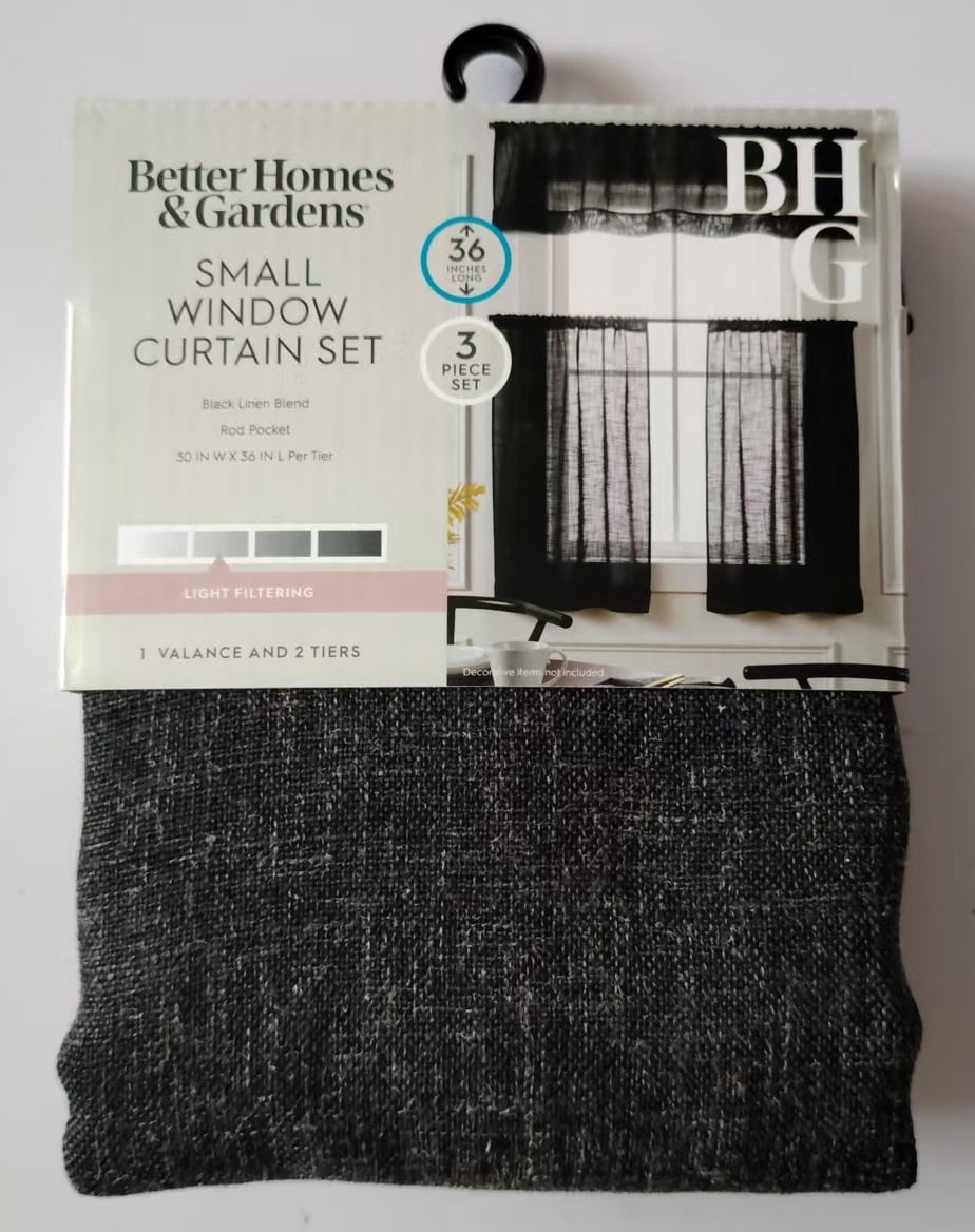 Better Homes & Gardens Linen Blend Light Filtering Rod Pocket Kitchen Curtain Tiers and Valance, Set of 3, Rich Black, 60 W x 36 L