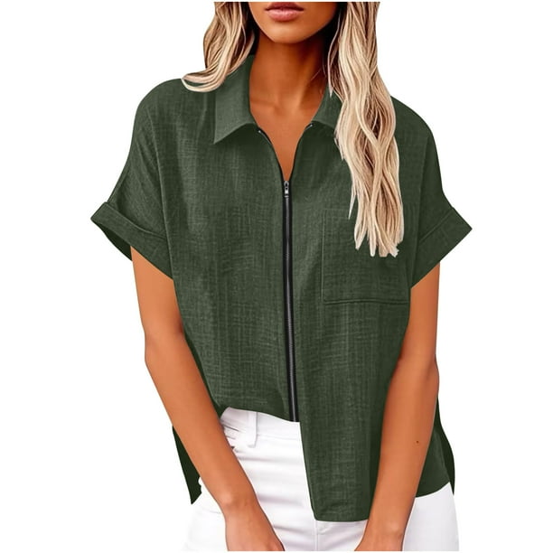 Vestidos Casuales Para Mujer, Blusas De Mujer De Moda Blusa tipo túnica de lino con solapa y manga corta para mujer, holgada, con cremallera, para verano, para el trabajo