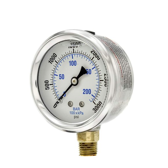 PIC Gauge PRO-201L-254P 0-3000 PSI Pressure Gauge, 2 1/2" Dial, 1/4" Male NPT Connection, Bottom Mount, Dual Scale, Glycerin Filled, Stainless Steel Case/Bezel, Brass Internals & Plastic Lens