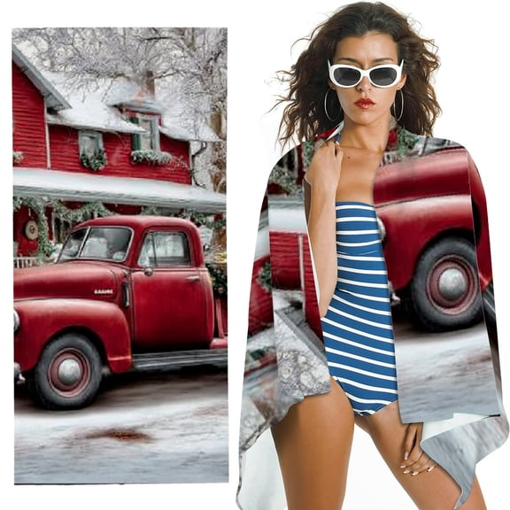RKSupls Vintage Red Truck Christmas Microfiber Beach Towel, Extra Large Quick Dry Lightweight Absorbent Towel for Travel Swimming Camping, Soft Super Absorbent- 30x60 in