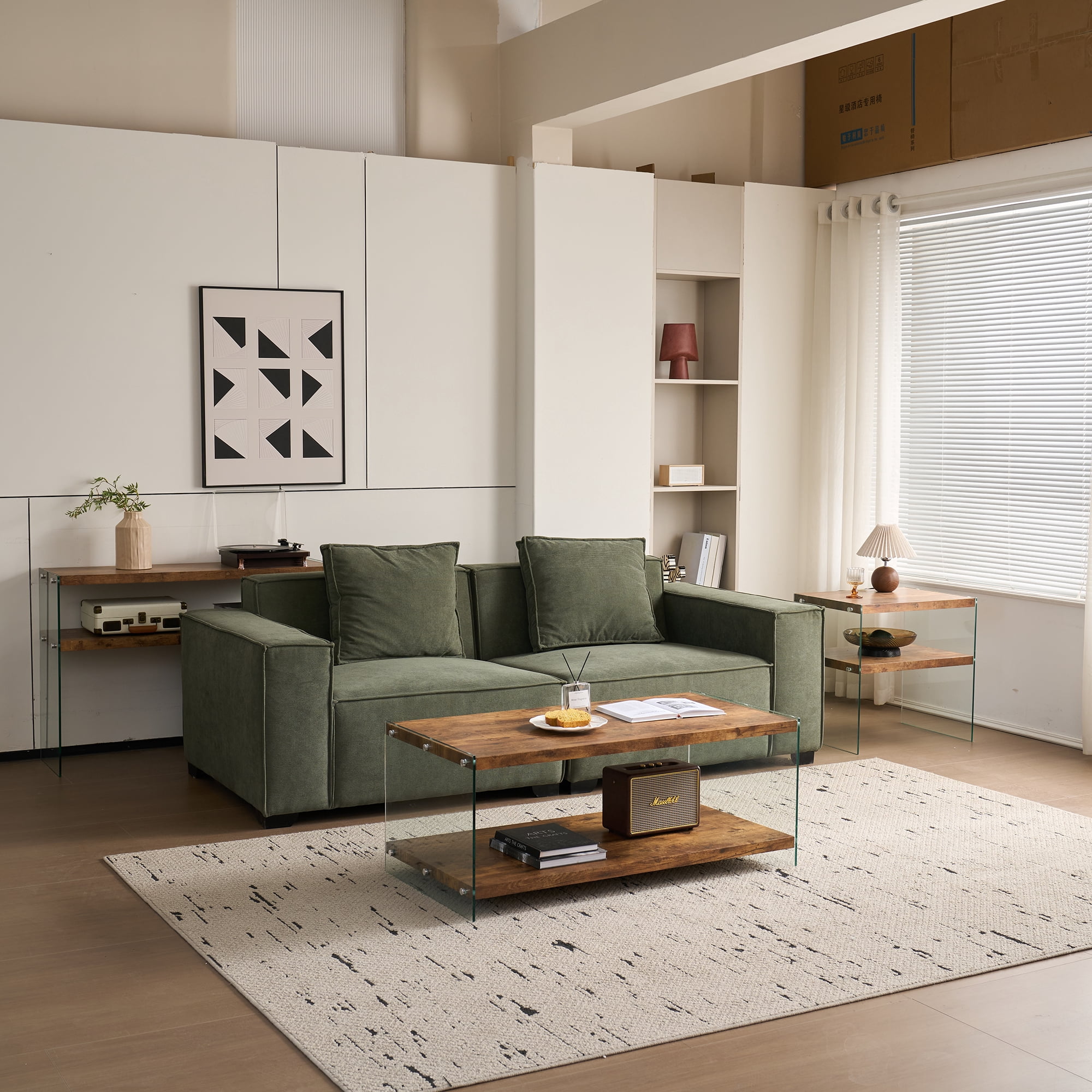 MDF Side Table, Small Tea Table and Walnut Night Stand with Premium Tempered Glass Top, Multi-Purpose Sofa Table for Snacks Coffee Books Decor, Waterproof and Easy to Clean, No Assembly Required