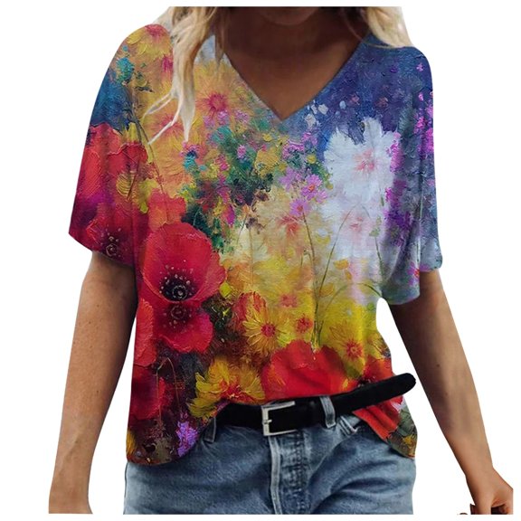 Women's Plus Size Short Sleeve Summer Cute Printing V-Neck Pullover T-Shirt