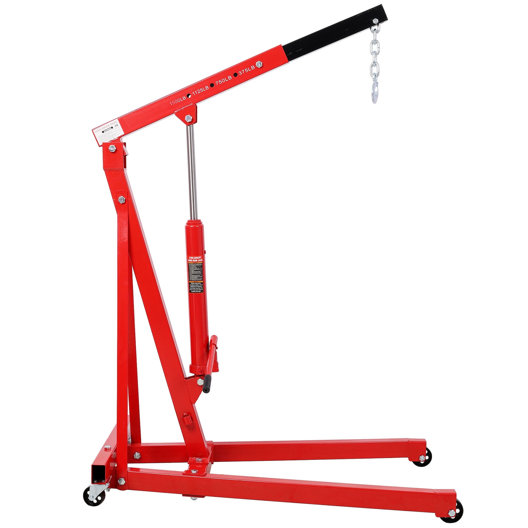 Red Engine Lift Hoist With 4 Iron Caster Wheels, 1500 Lbs Capacity Heavy-Duty Hydraulic Shop Crane
