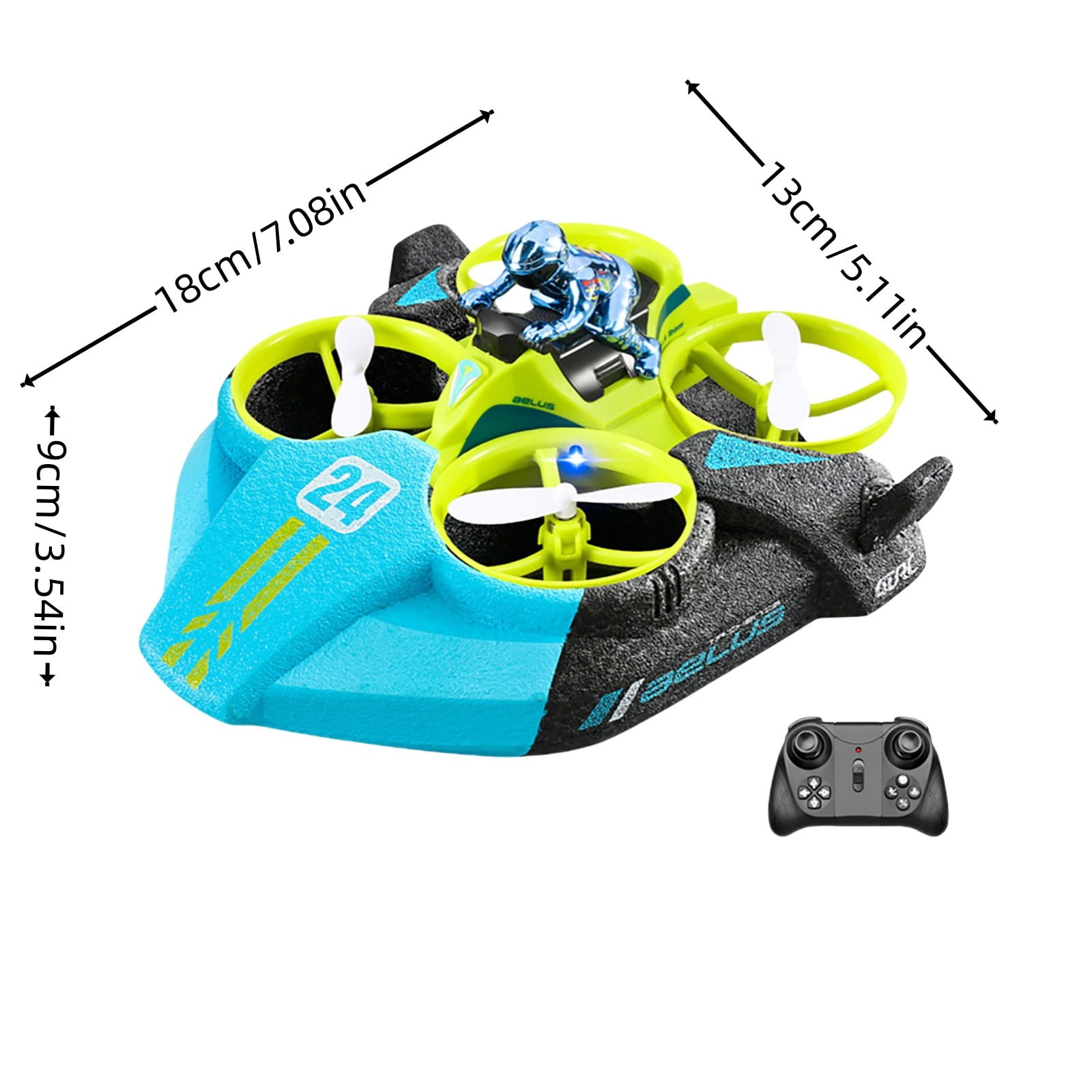 3-in-1 Remote Control Hovercraft, Sea Land Air RC Drone Drift Car, Quadcopter (Batteries Not Included for Remote), Green